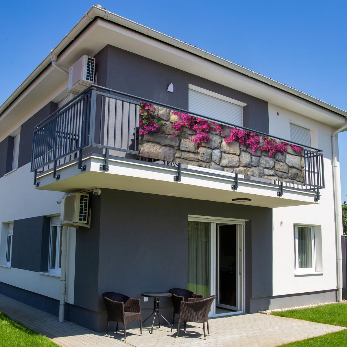 BALKON-SICHTSCHUTZ Bougainvillea - Steinmauer - Rosa - Magenta, Kunststoff (300/85cm) - MuchoWow