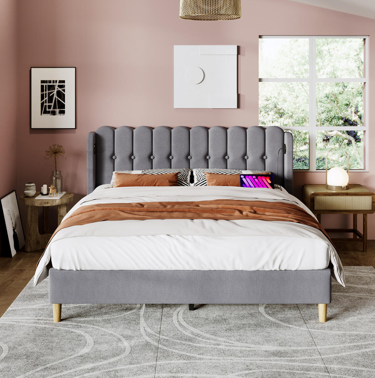 POLSTERBETT 160/200 cm Grau aus Leinen mit USB- und Type-C-Anschlüssen - Grau, Textil (160/200cm) - Flora Grace