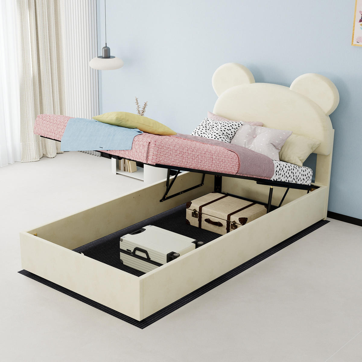 KINDERBETT 90/200 cm in Beige mit Bettkasten Stoff Cartoon-Design - Beige, Holzwerkstoff/Textil (90/200cm) - STILVORA