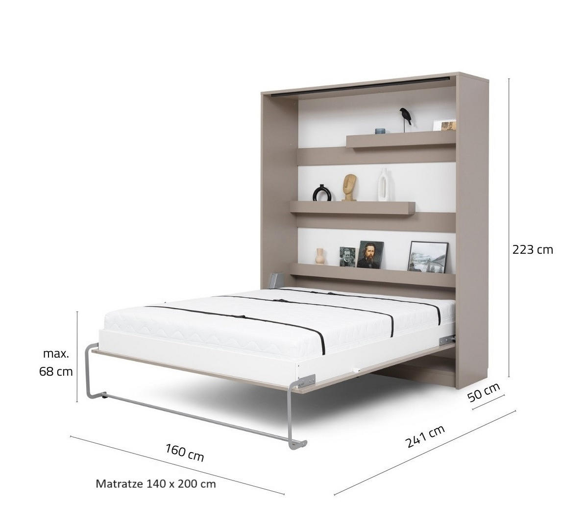 SCHRANKBETT vertikal GN140x200 mit Schreibtisch, LED und 2 Regalen - 3-teilig - Weiß - Weiß, Holzwerkstoff (140/200cm) - QMM TraumMöbel