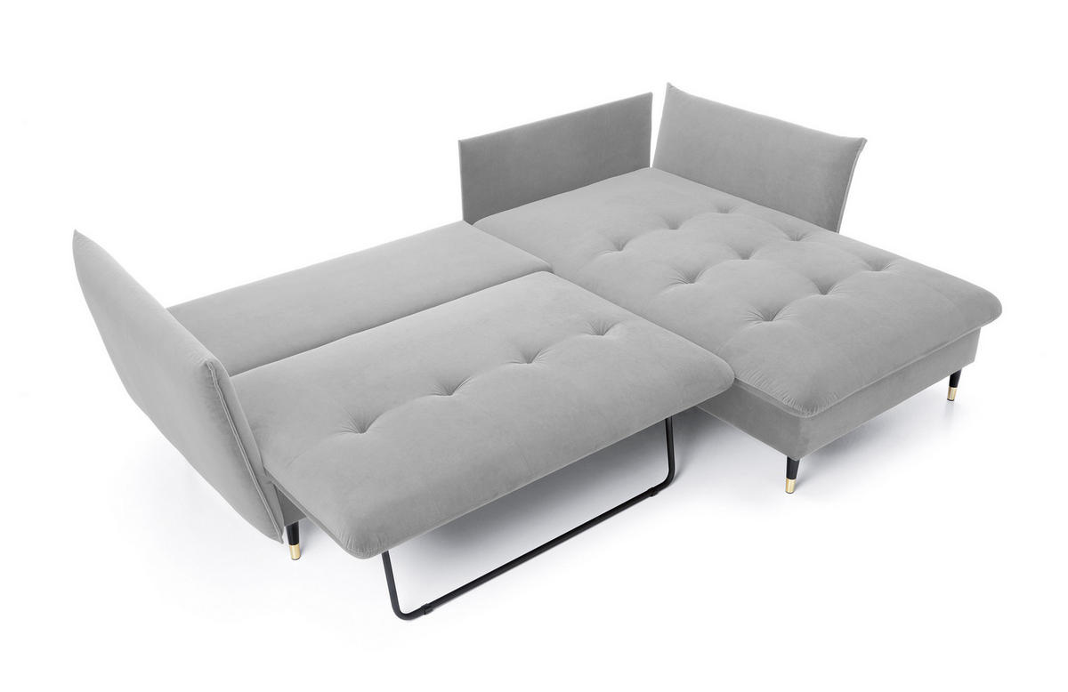 ECKSOFA GLAM mit Schlaffunktion, Ottomane & goldenen Füßen – Samtsofa im Glamour-Stil mit Zierkissen, 258x167x91 cm, rechte, hellgrau​ - Hellgrau, Holz/Textil (258/167cm) - DomoHome