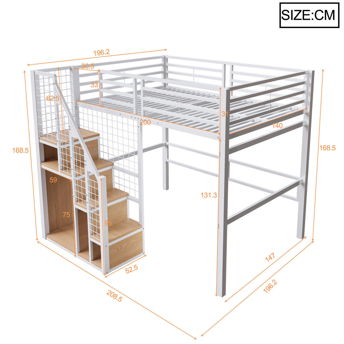 HOCHBETT 140/200 cm, Weiß mit Ablagefläche und Stauraum - Weiß, Metall (140/200cm) - MIVRAY