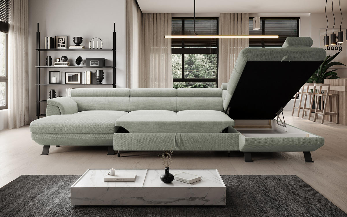 ECKSCHLAFSOFA Raven XL, Verstellbaren Kopfstützen, Bettkasten, Großes Sofa 334x198x162cm Rechte, Sand - Sandfarben, Holz/Textil (334/198cm) - DomoHome