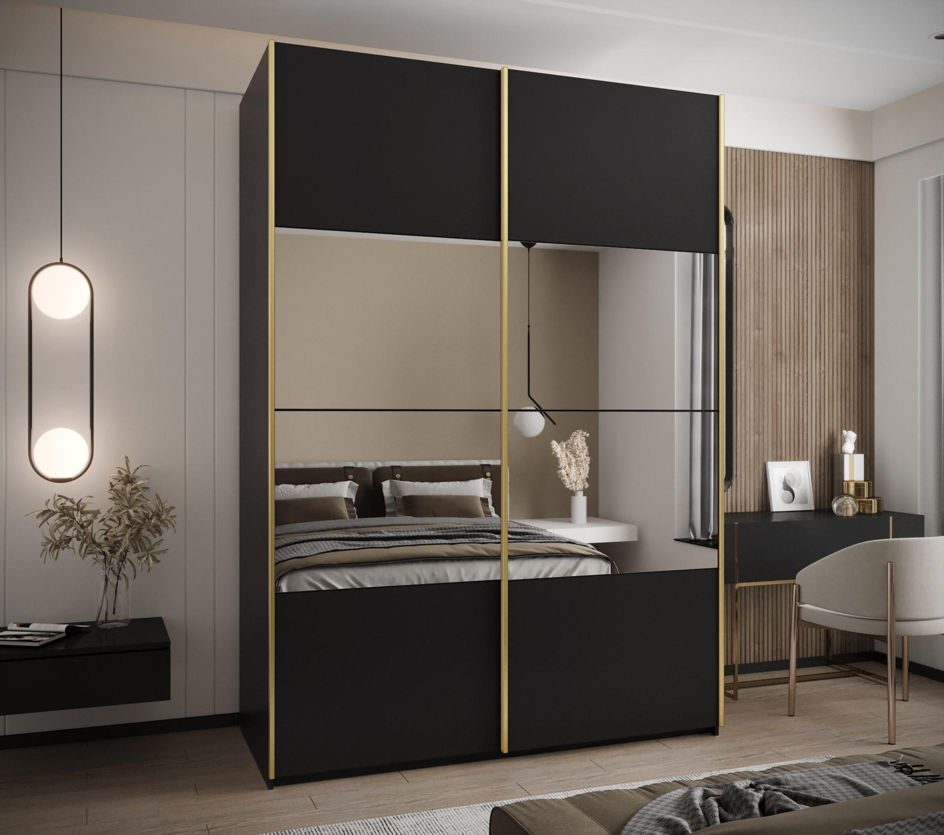 SCHWEBETÜRENSCHRANK 245,5/180/64 2-türig - Goldfarben/Schwarz, Holz/Metall (180/245/64cm) - Abiks Möbel