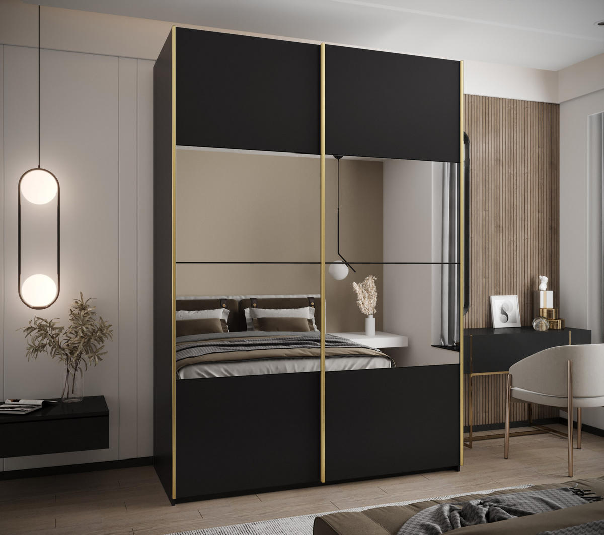 SCHWEBETÜRENSCHRANK 245,5/180/64 2-türig - Goldfarben/Schwarz, Holz/Metall (180/245/64cm) - Abiks Möbel