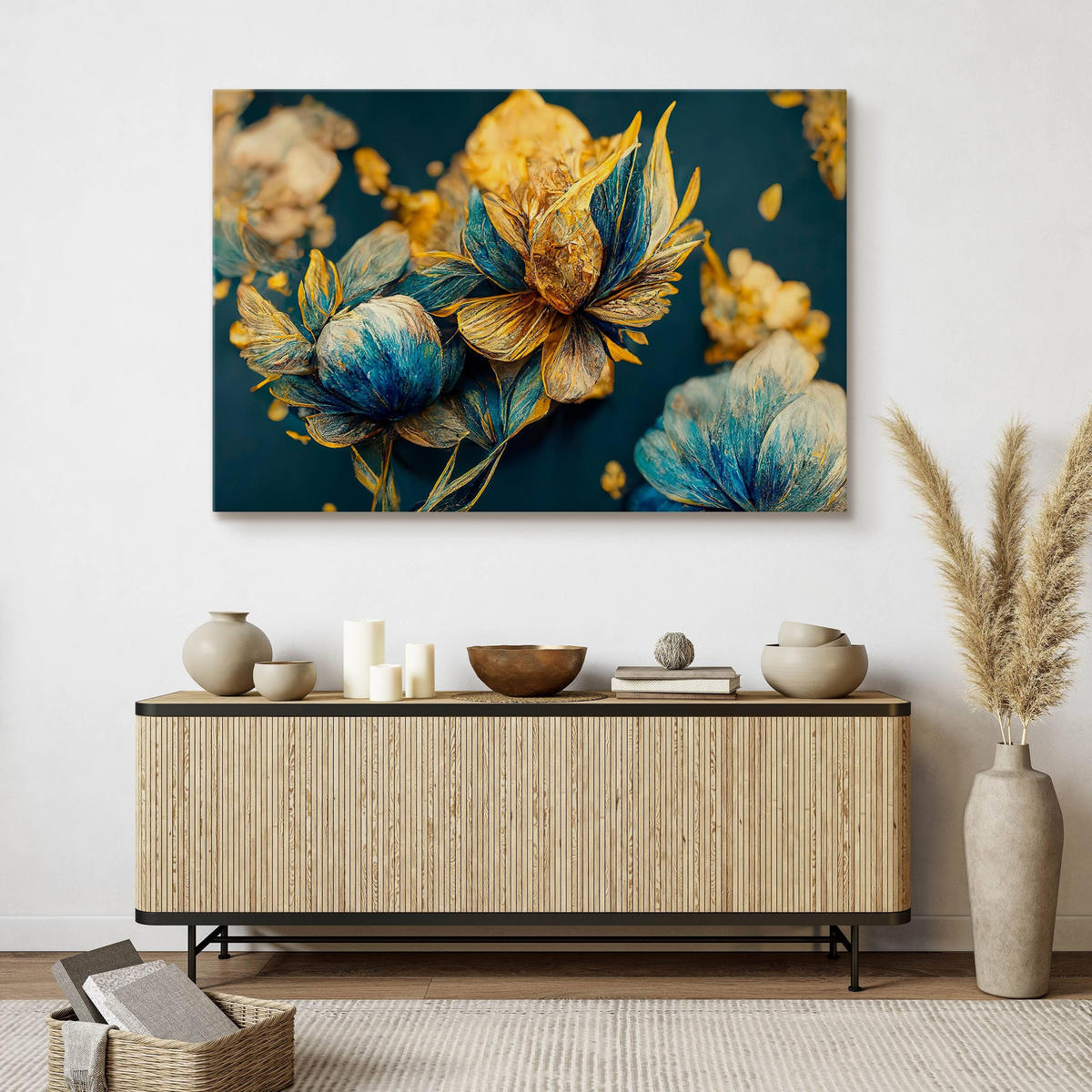 LEINWANDBILD Abstrakte Blumen 3D Glamour Stil 40cm x 30cm - Türkis/Blau, Textil (40/30cm) - Muralo