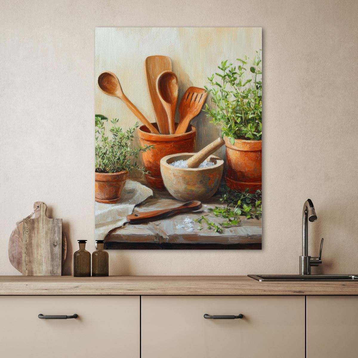 LEINWANDBILD Töpfe - Kräuter - Holz 60x80 cm - Terracotta, Textil (60/80cm) - MuchoWow