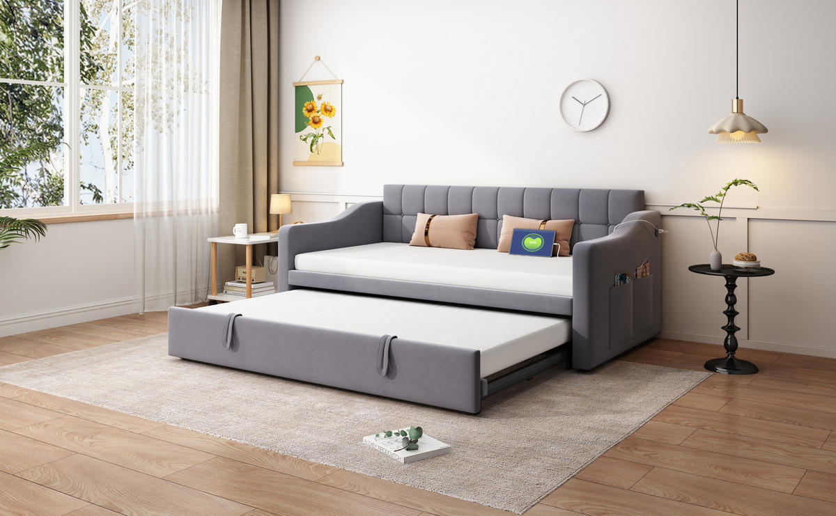 POLSTERBETT 90/180x200 cm Samt grau - Grau, Textil (180/200cm) - Fortuna Lai