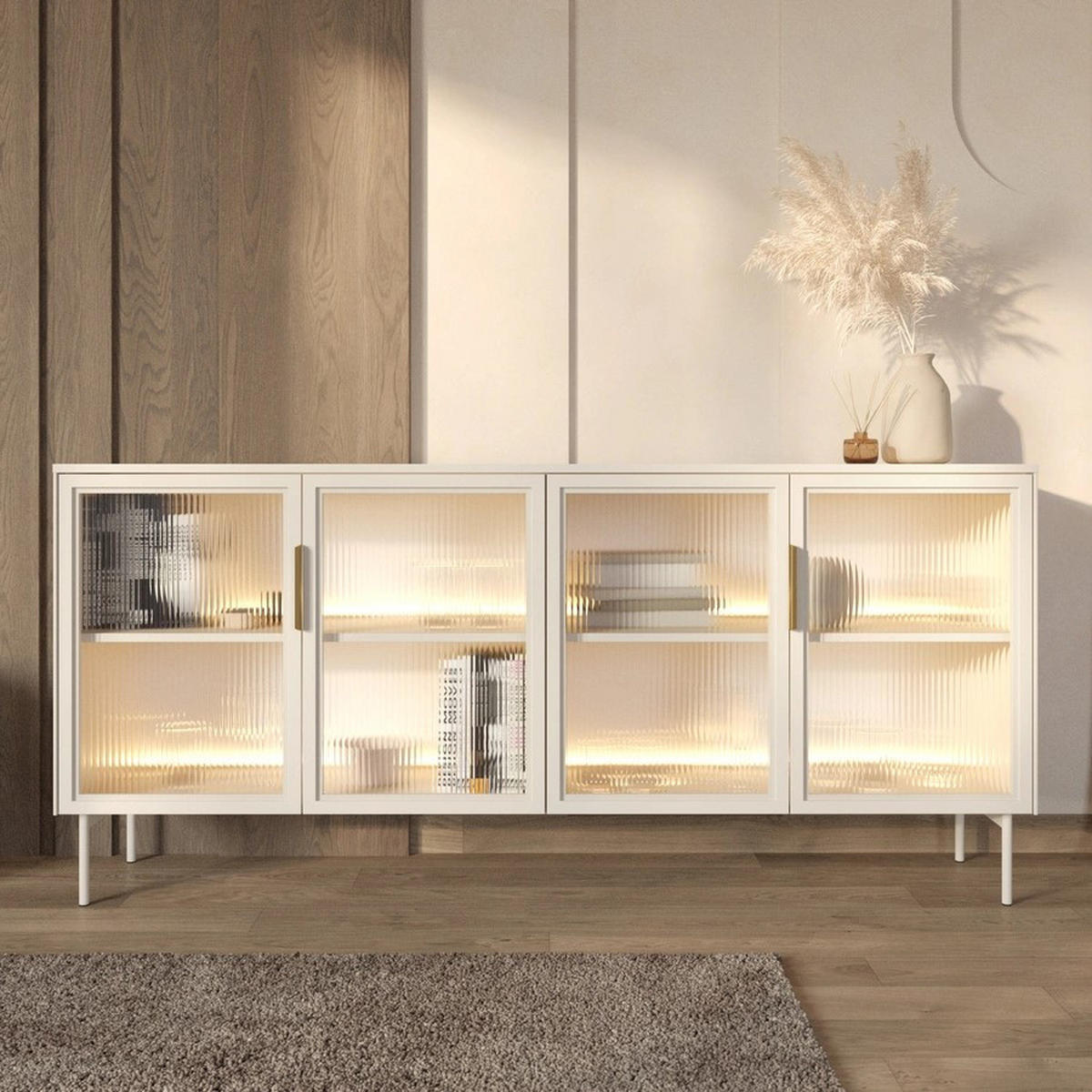 SIDEBOARD LUMI 181 cm Kaschmir - mit 4 Glastüren (Riffelglas) und LED - Kaschmir/Goldfarben, Holz/Holzwerkstoff (181/83/39cm) - Ravio