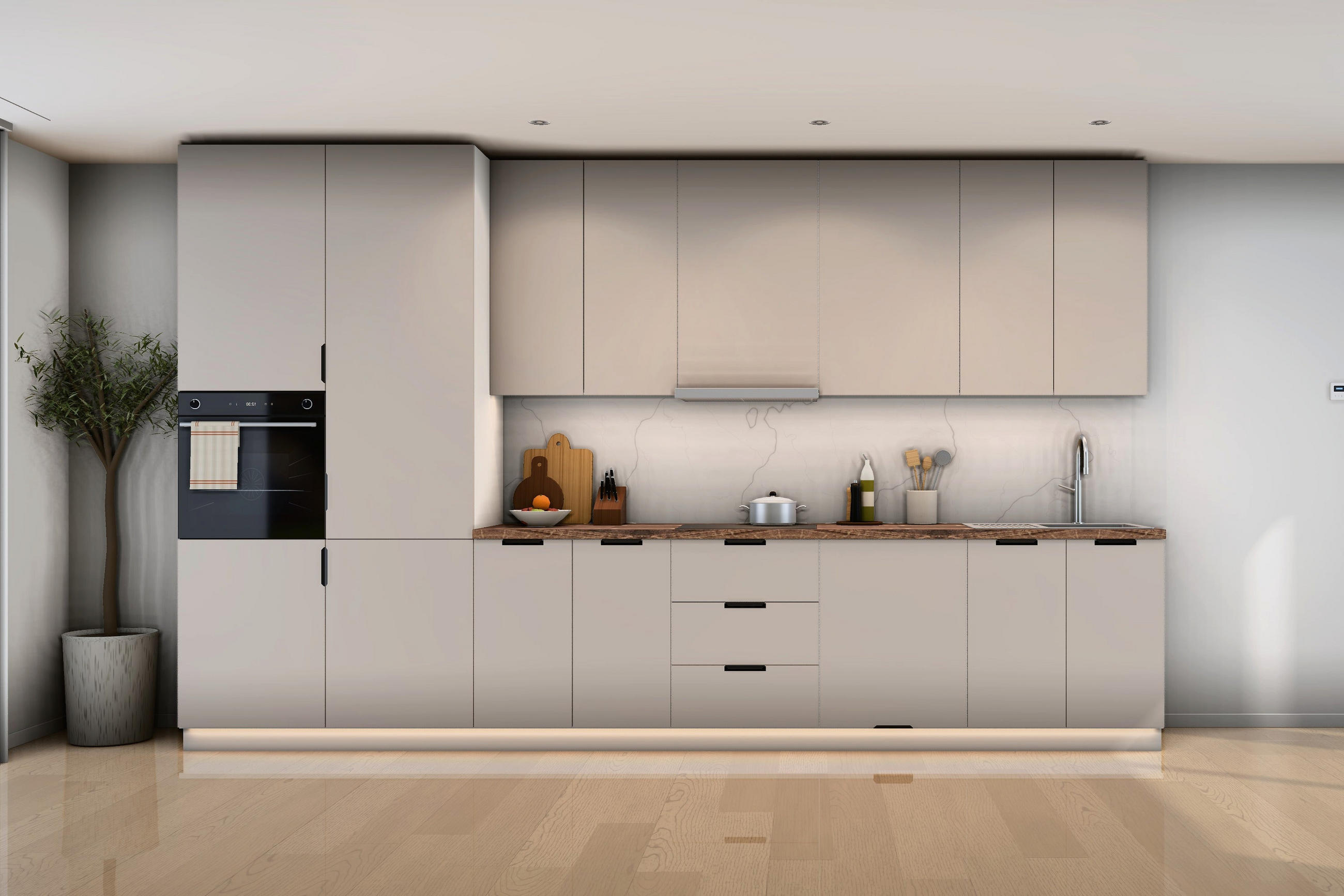 KÜCHENZEILE Sorento Weiß & Beige – 400 cm – K58-G400 L - Beige/Schwarz, Holzwerkstoff/Metall (400/247/58cm) - ROYAL24_MARKT