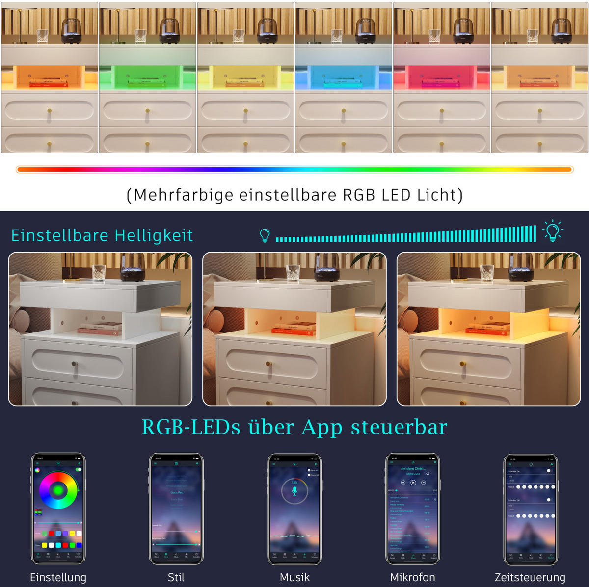 NACHTTISCH 100/60/40 cm Weiß aus Spanplatte mit LED-Beleuchtung - Weiß, Holzwerkstoff (100/60/40cm) - OKMYHOME