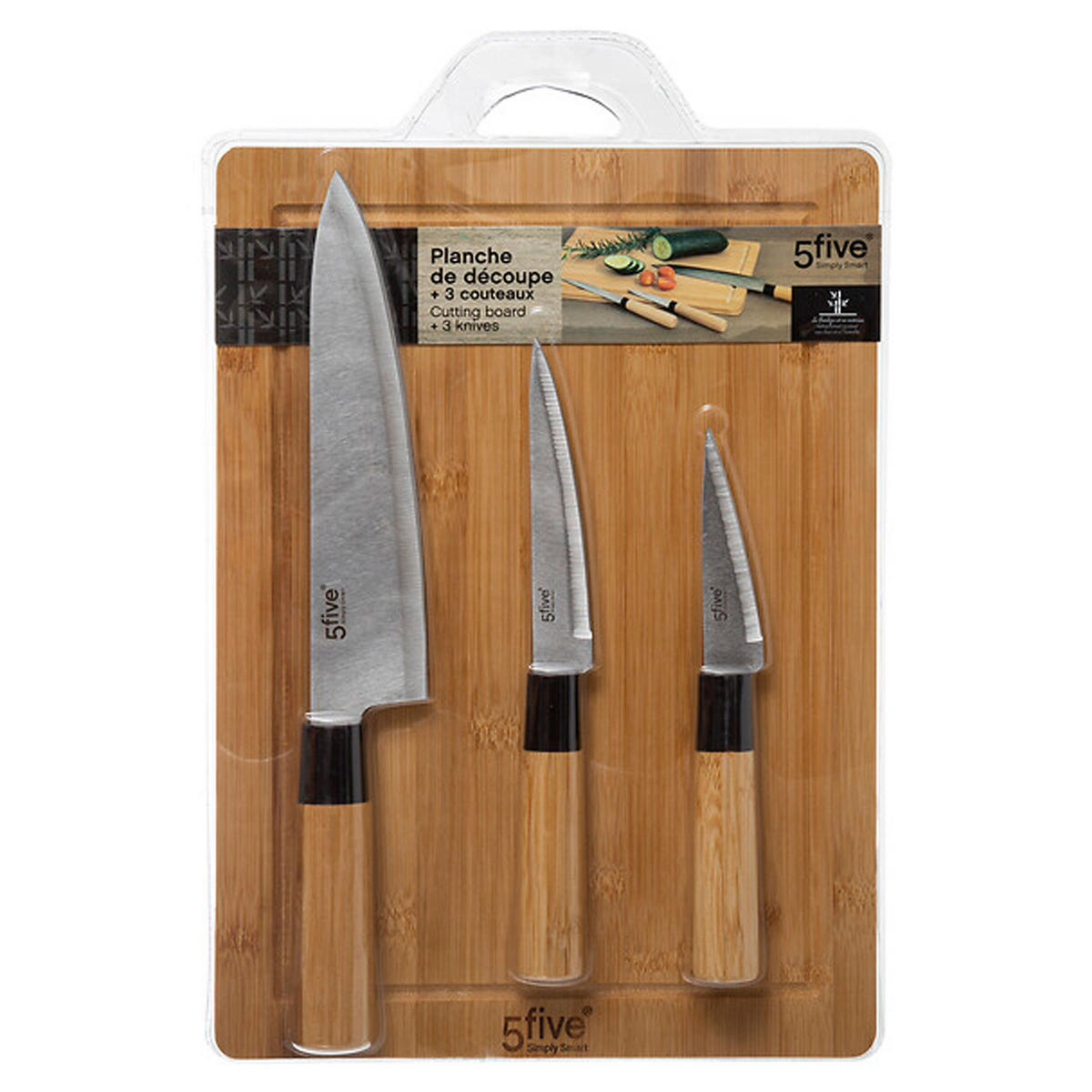 SCHNEIDEBRETT Set Black Bamboo mit 3 Messern, Bambus, Edelstahl, Braun, 35 x 25 cm - Braun, Holz (26.5/40.2cm) - 5five Simply Smart
