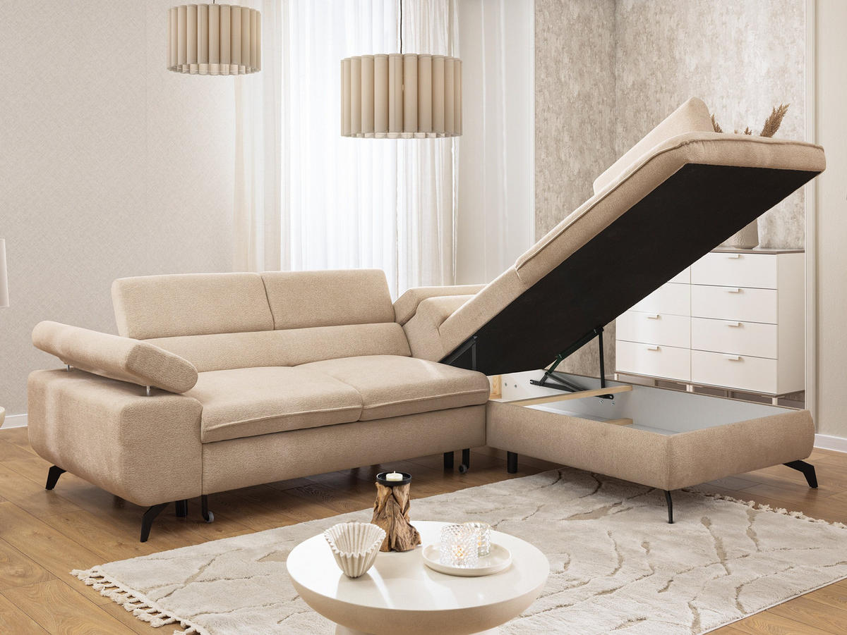 ECKSOFA mit Schlaffunktion und Bettkasten Bonnie aus Taupe Chenille-Stoff mit verstellbaren Kopfstützen und Armlehne - Ottomane rechts - Taupe/Schwarz, Holz/Textil (275/210cm) - S-Style Möbel