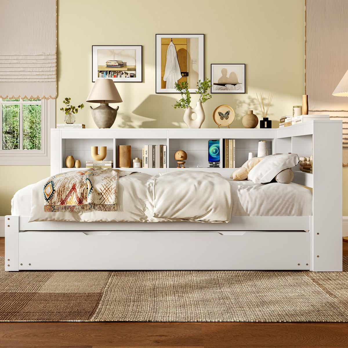 POLSTERBETT 140/200 cm mit Ausziehbett, USB-Anschlüssen, Steckdose und 2 Schubladen, MDF/Kiefernholz, Weiß - Weiß, Holzwerkstoff (140/200cm) - Redom