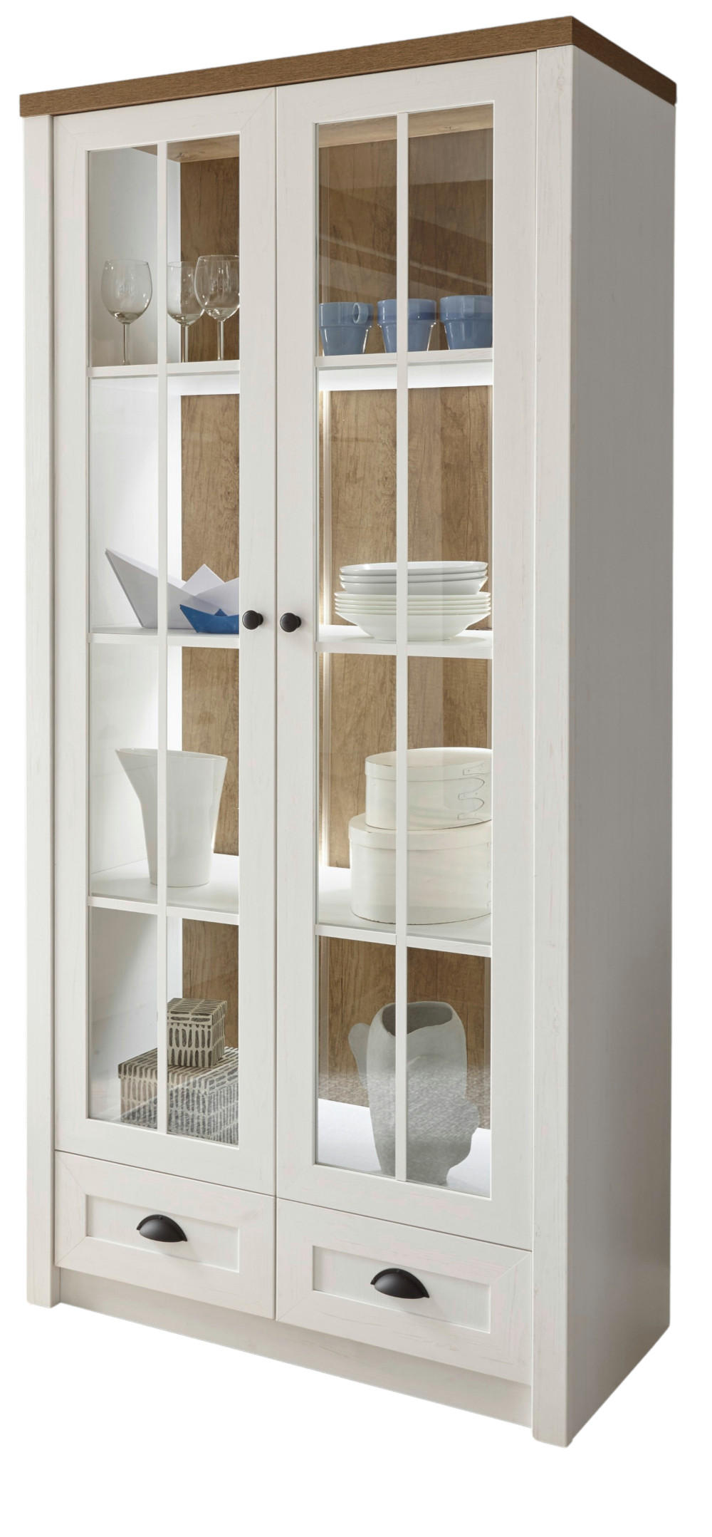 VITRINE weiß Pinie, Eiche hell Landhaus, Vitrinenschrank 90 x 198 cm - Eichefarben/Anthrazit, Holzwerkstoff/Metall (90/198/43cm) - Furn.Design