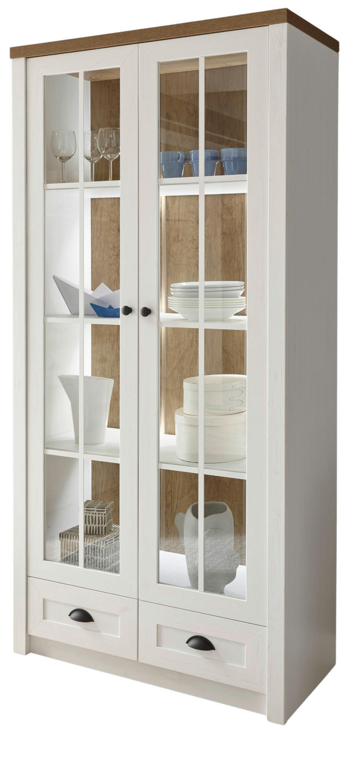 VITRINE weiß Pinie, Eiche hell Landhaus, Vitrinenschrank 90 x 198 cm - Eichefarben/Anthrazit, Holzwerkstoff/Metall (90/198/43cm) - Furn.Design