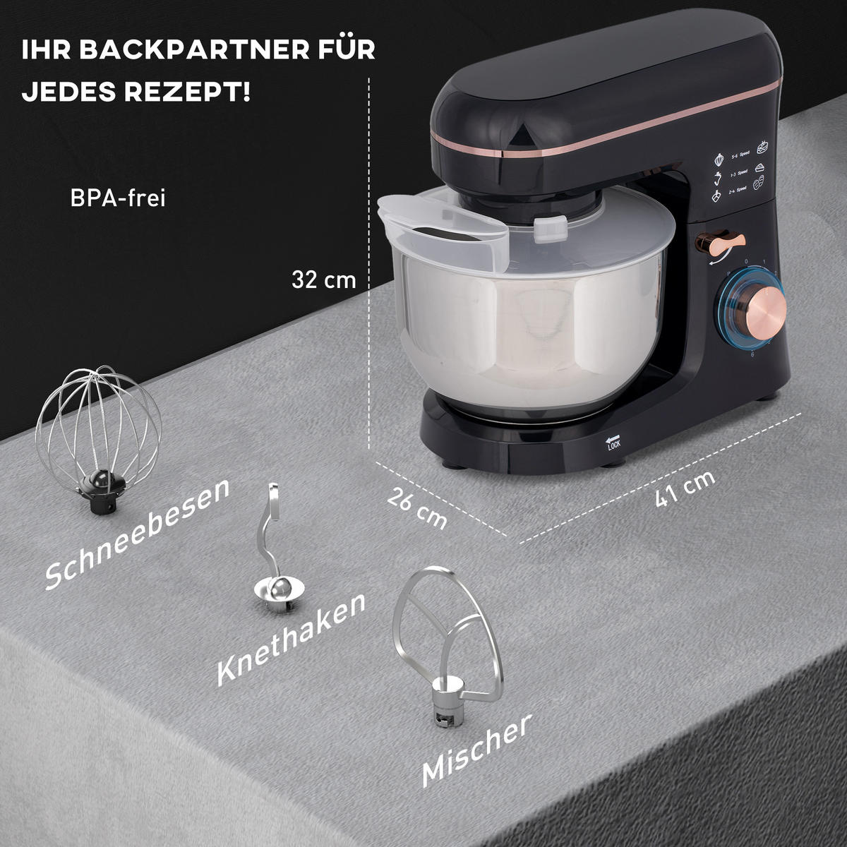 KÜCHENMASCHINE Schwarz mit 6 Stufen und 5,5 L Edelstahlschüssel - Schwarz, Metall (26/32/41cm) - Korfee