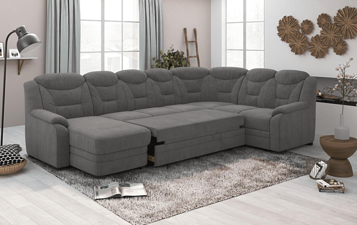 WOHNLANDSCHAFT mit Schlaffunktion und Bettkasten – weiches Chenille-Gewebe - Dunkelgrau/Anthrazit, Holz/Kunststoff (211/99/330cm) - Cotta