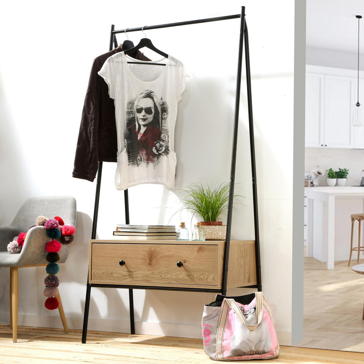 GARDEROBENSTÄNDER mit 1 Schublade in Eiche-Dekor H170cm - Eiche Artisan, Holzwerkstoff (39/170/84cm) - Calicosy