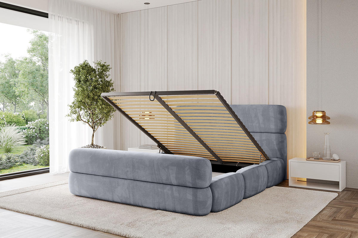 POLSTERBETT mit Bettkasten, Fußteil und Lattenrost, Bett mit Matratze H3/H4 - ELVA-Z 180x200 Grau - Grau, Holzwerkstoff/Textil (180/200cm) - ALTDECOR