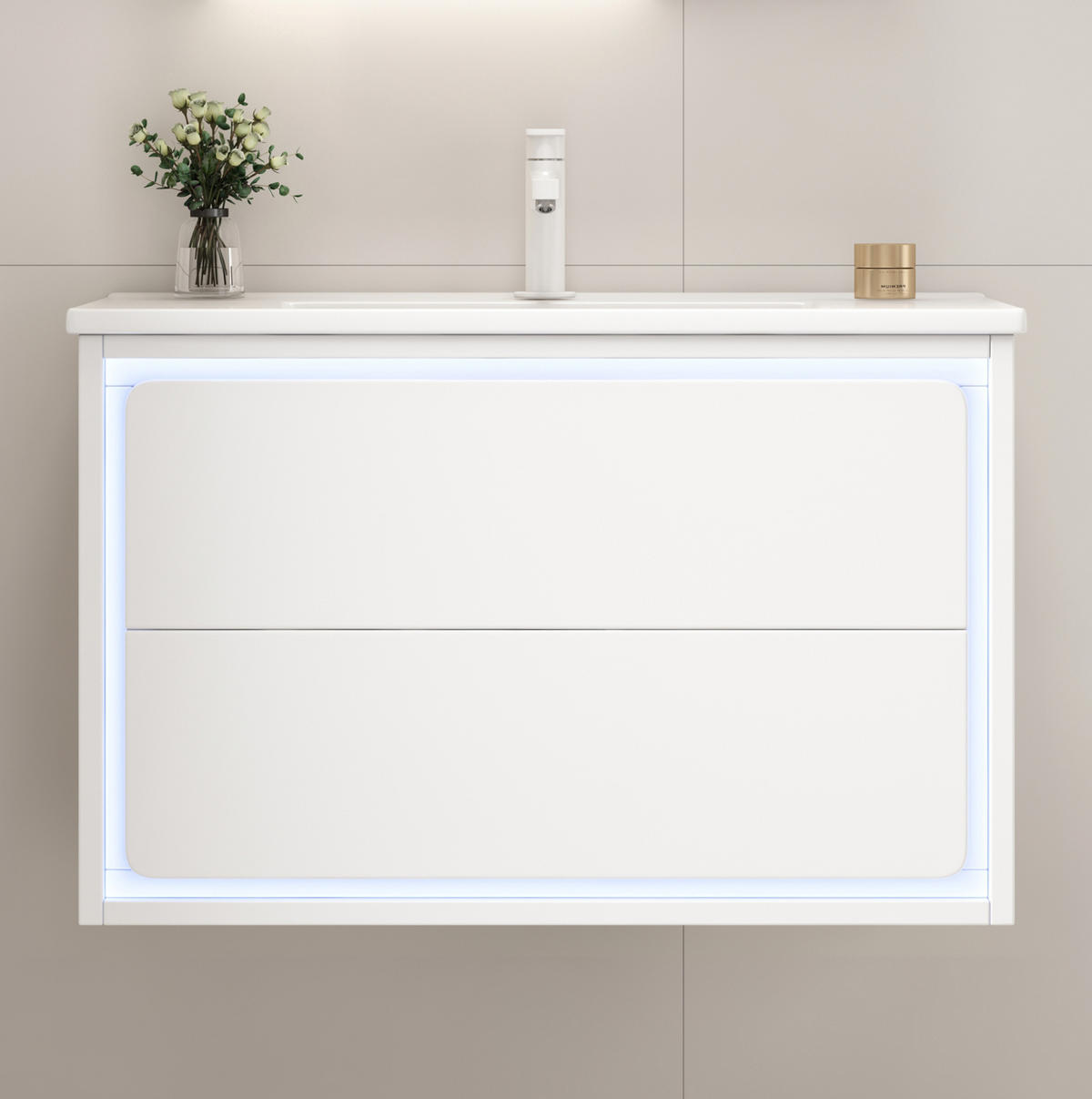 ZÁVĚSNÁ koupelnová skříňka z MDF 76x46x48,5 cm bílá s keramickým umyvadlem, LED senzorovým osvětlením a 2 zásuvkami - bílá, kompozitní dřevo (76/58.5/46cm) - Modfu