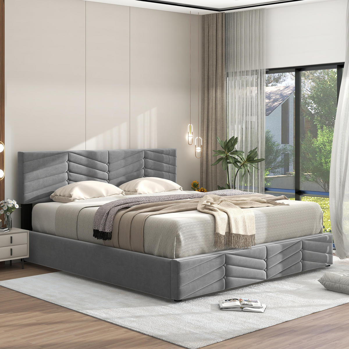 POLSTERBETT 140/200 cm grau mit hydraulischem Bettkasten und höhenverstellbarem Kopfteil - Grau, Textil (140/200cm) - OKWISH