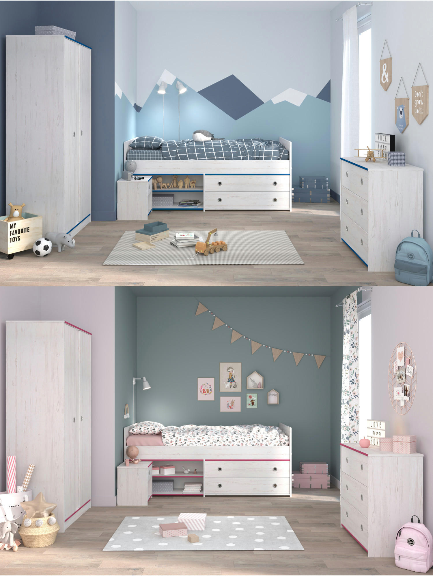 JUGENDZIMMER Smoozy 21 in Kiefer Weiß mit rosa ODER blauen Absetzungen 4 teilig - Weiß, Holzwerkstoff (120/200/80cm)
