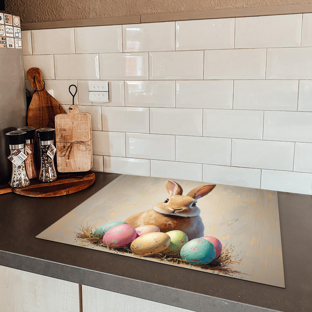 HERDABDECKPLATTE Osterhase - Pastell - Eier Herdabdeckung Induktionsfeld 65x52 cm - Beige, Kunststoff (65/52/0.2cm) - MuchoWow