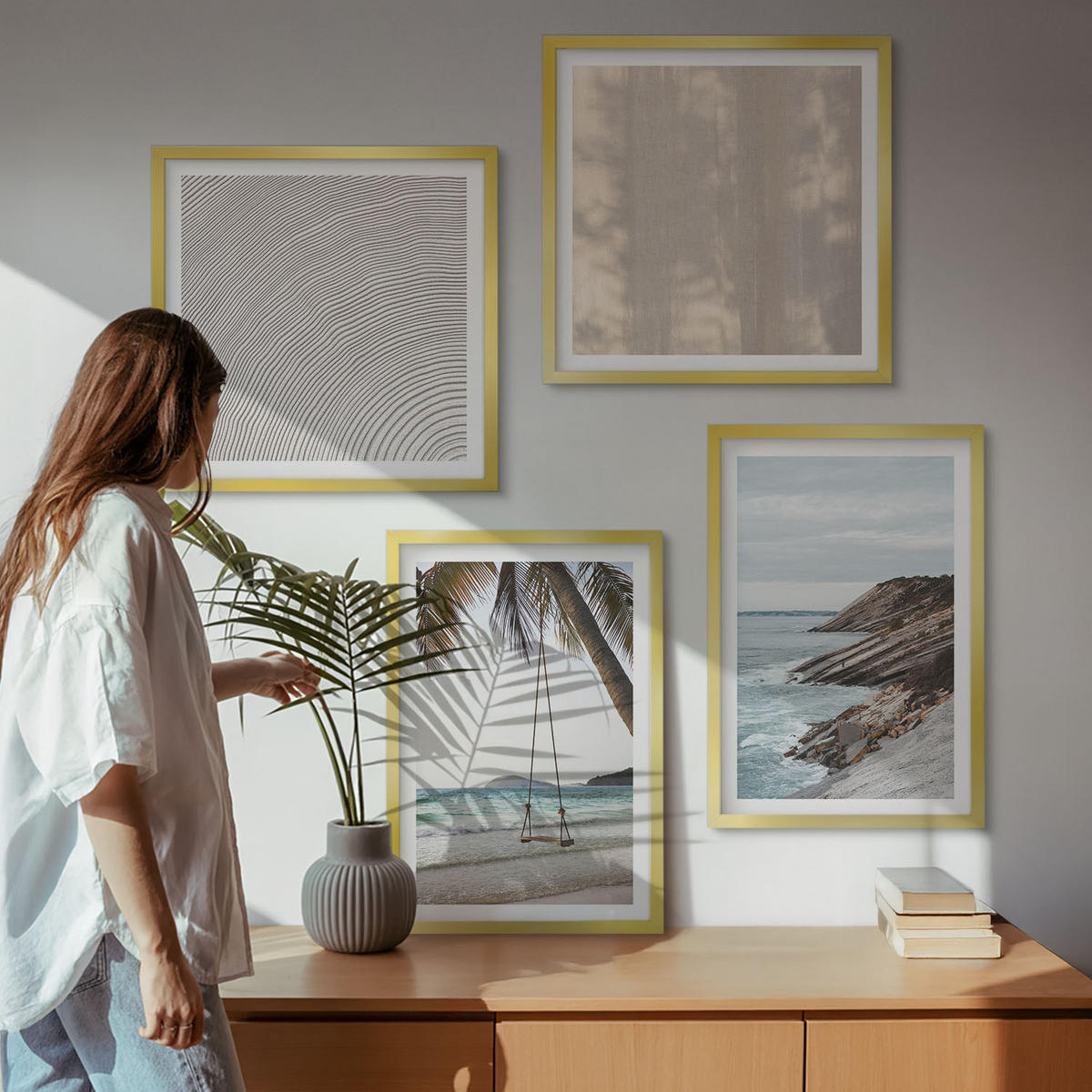 WANDBILDER 4er Set - 50x50 cm & 40x60 cm Goldrahmen - Sommerlicher Sandstrand mit Meerblick - Goldfarben, Kunststoff (50/50cm) - ArtPrintCave