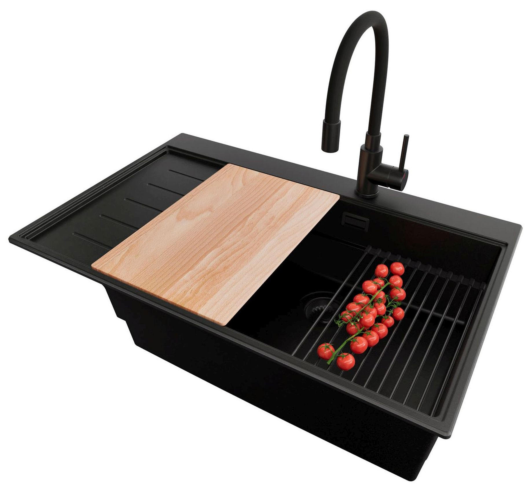 GRANITSPÜLE Sydney, 2-er set Alles Schwarz 78/50 cm 1 Becken + Küchenarmatur 40/38 cm + Ablauf-Set + Küchenzubehörset ab 60er Unterschrank - Beige/Schwarz, Kunststoff (78/20/50cm) - Primagran