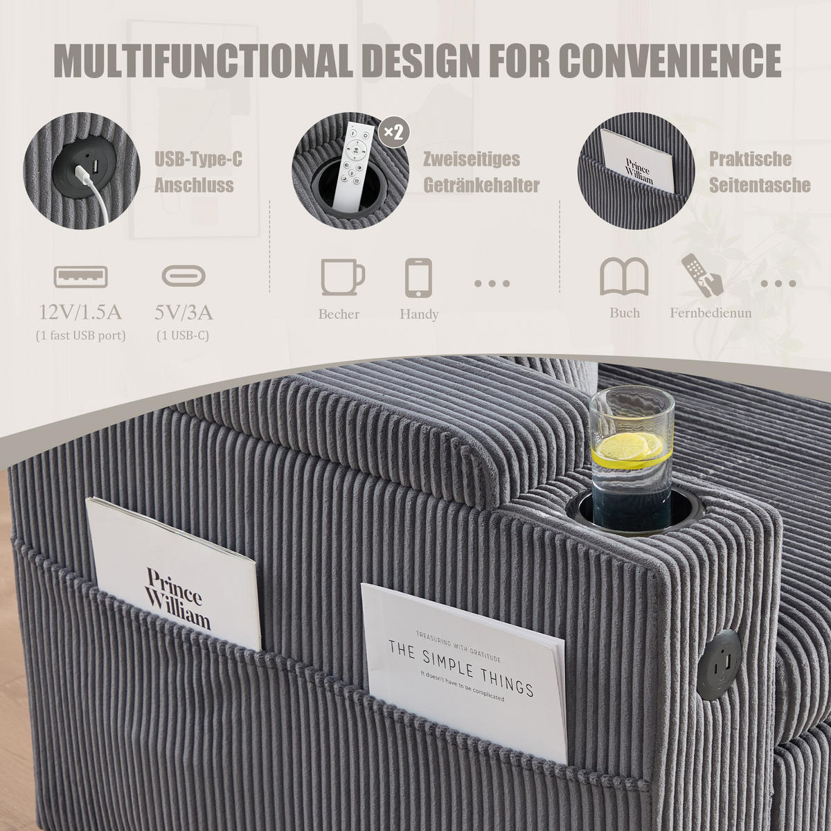 ECKSCHLAFSOFA 3-Sitzer Cord mit Stauraum Schubladenbett und USB-Anschluss Kohlegrau 212,5/136/86 cm - Grau, Textil (136/212.5cm) - Redom