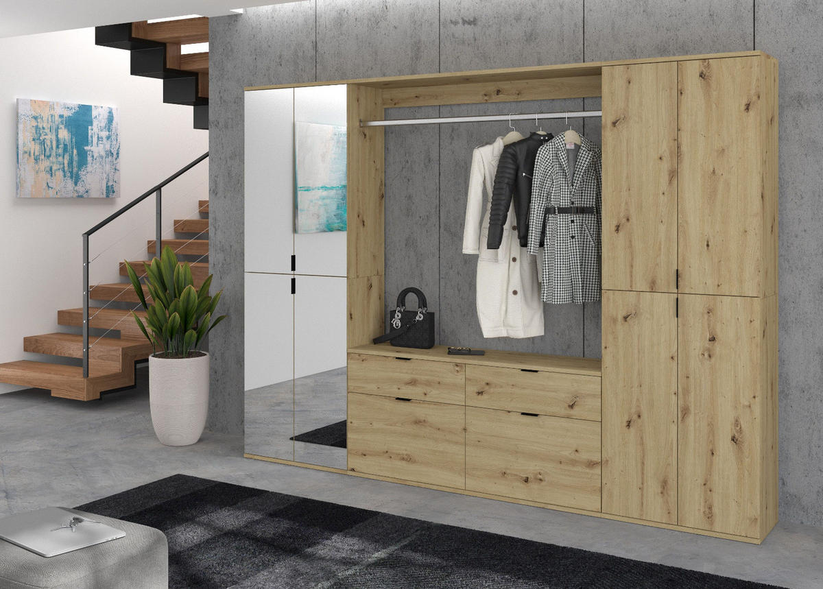 GARDEROBEN-SET Eiche 243 cm, Komplettset mit Spiegel - Schwarz/Eiche Artisan, Glas/Holzwerkstoff (243/193/34cm) - Inn.Furn