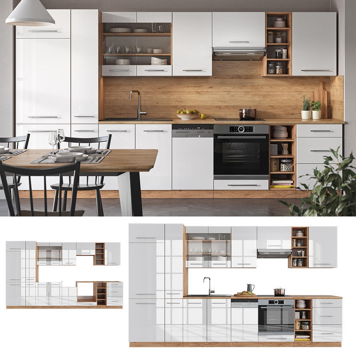 KUCHYNSKÝ KÚT Fame-Line Biely vysoký lesk/dub Goldkraft 355 cm , AP Oak - biela s vysokým leskom/dub medový, kompozitné drevo (355/206.8/60cm) - Vicco