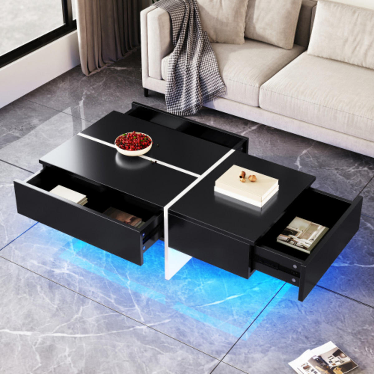 COUCHTISCH Schwarz mit Hochglanzoberfläche & App-gesteuerter LED-Beleuchtung 100×50×34,5 cm aus Spanplatte - Schwarz, Holzwerkstoff (50/100/34.5cm) - Luhomfu