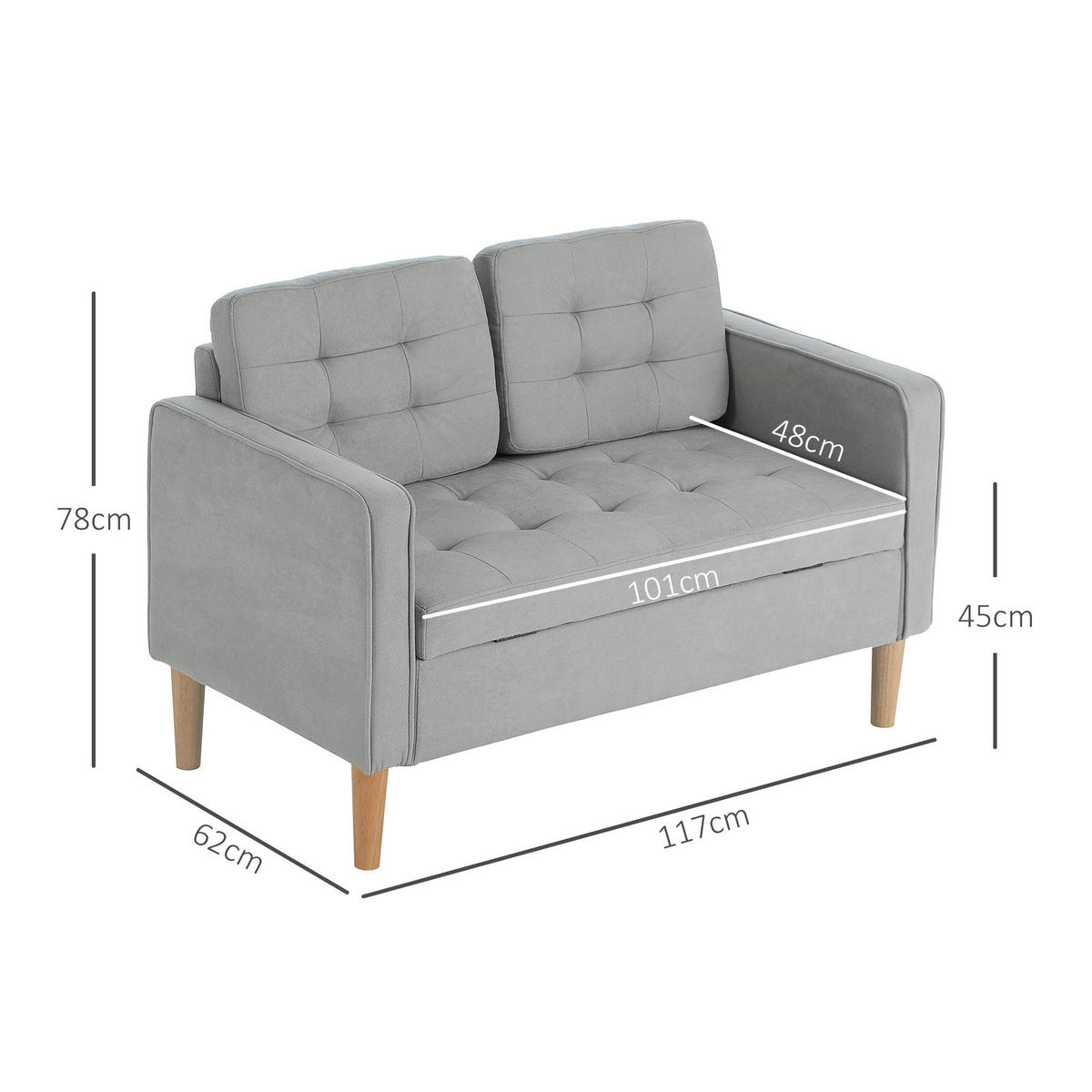2 Sitzer Sofa, Couch mit Stauraum, Holzbeine, Gepolsterter Polstersofa, Hellgrau - Hellgrau/Naturfarben, Holz/Textil (62/78/117cm) - HOMCOM