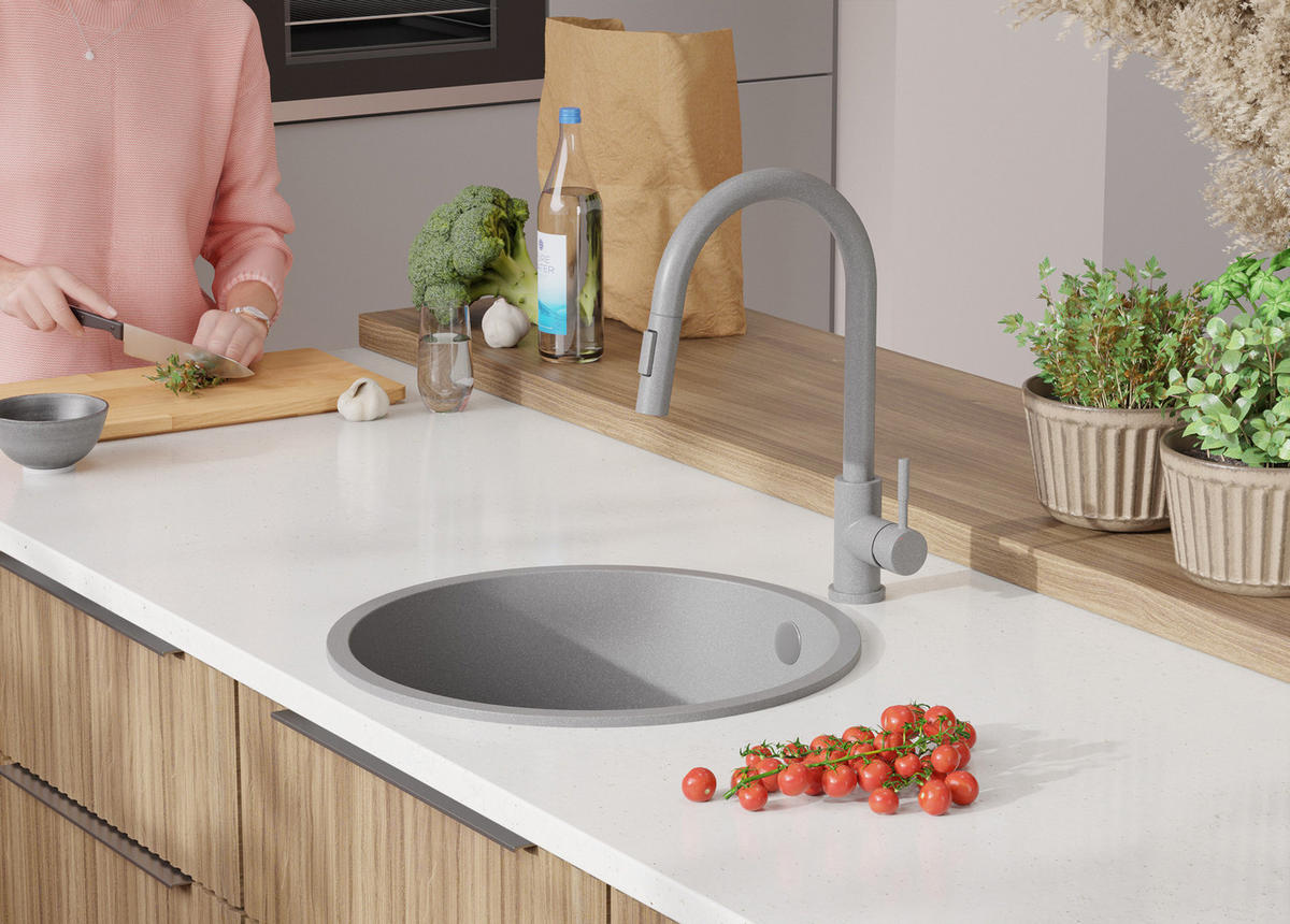 SPÜLBECKEN RUND Valletta Slim, 2-er set Grau 46/46 cm 1 Becken + Ablauf-Set ab 50er Unterschrank - Chromfarben/Grau, Kunststoff (46/20/46cm) - Primagran