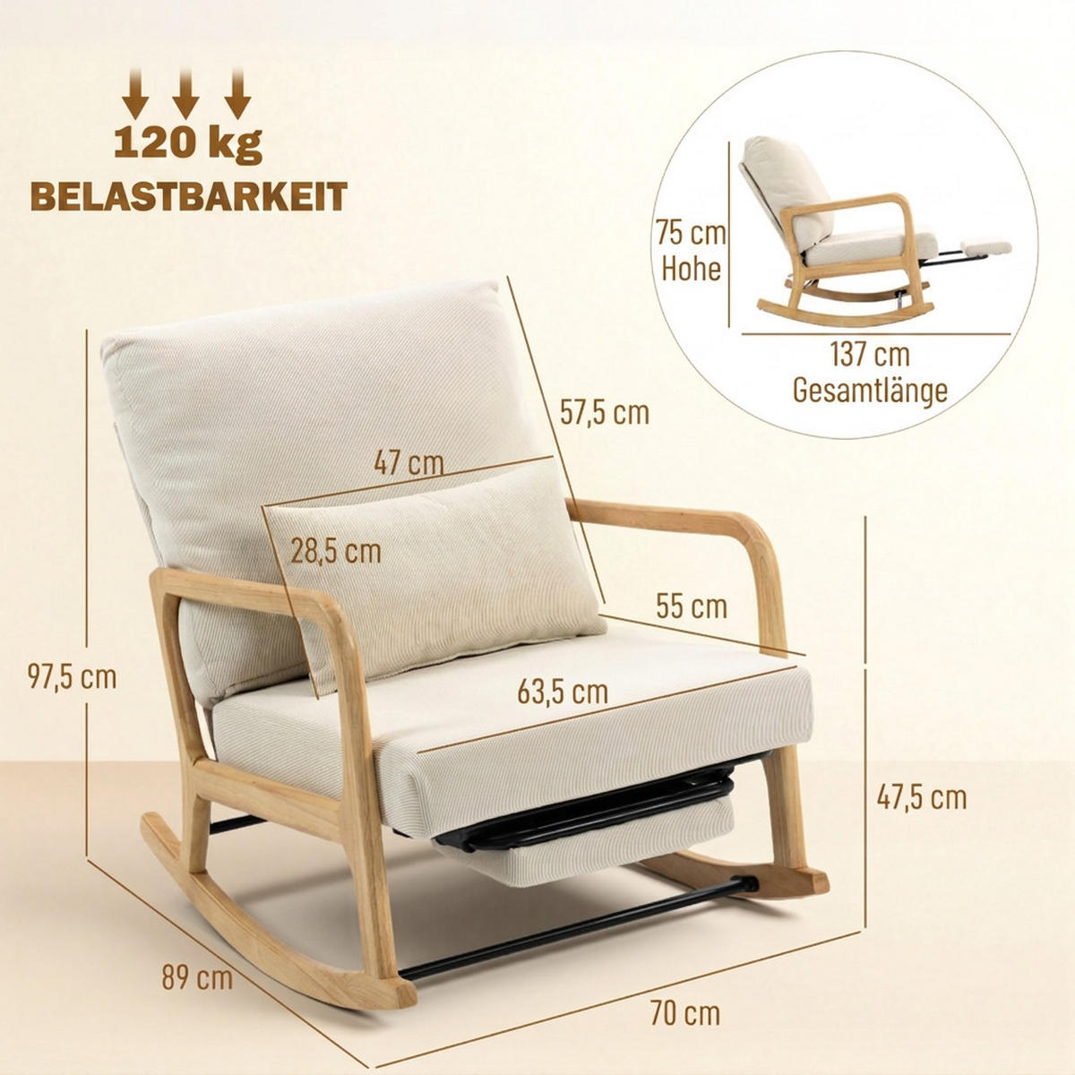 SCHAUKELSTUHL Creme Polyester mit Fußstütze verstellbar und Rückenlehne Lendenkissen - Creme, Textil (70/97.5/89cm) - Oxeza