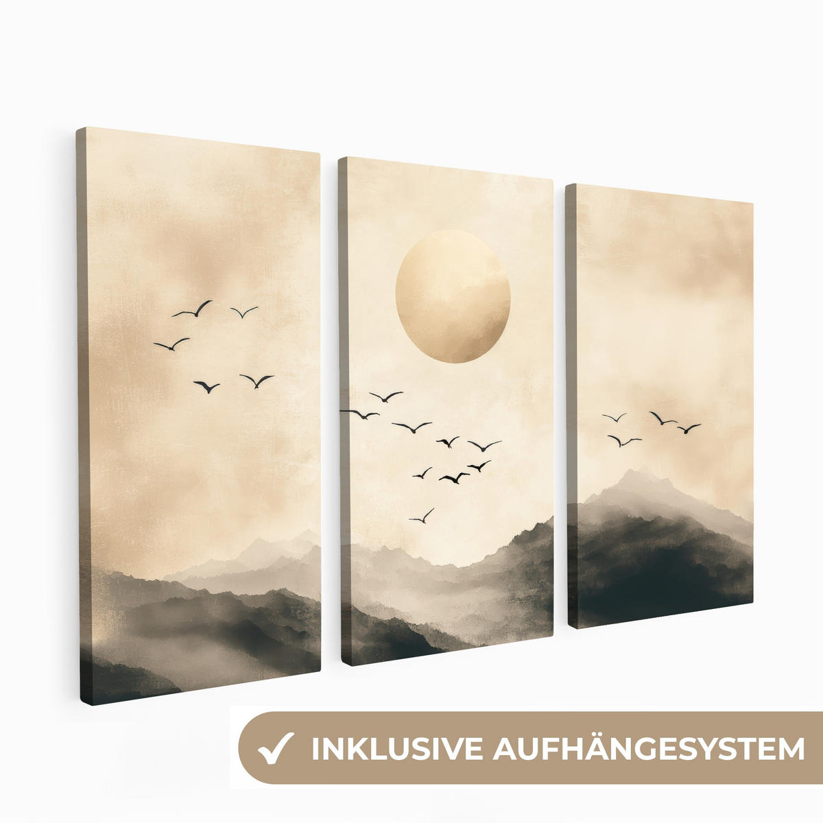 LEINWANDBILD 3er Set Landschaft - Japandi - Beige - Vögel 180x120 cm - Beige, Textil (180/120cm) - MuchoWow