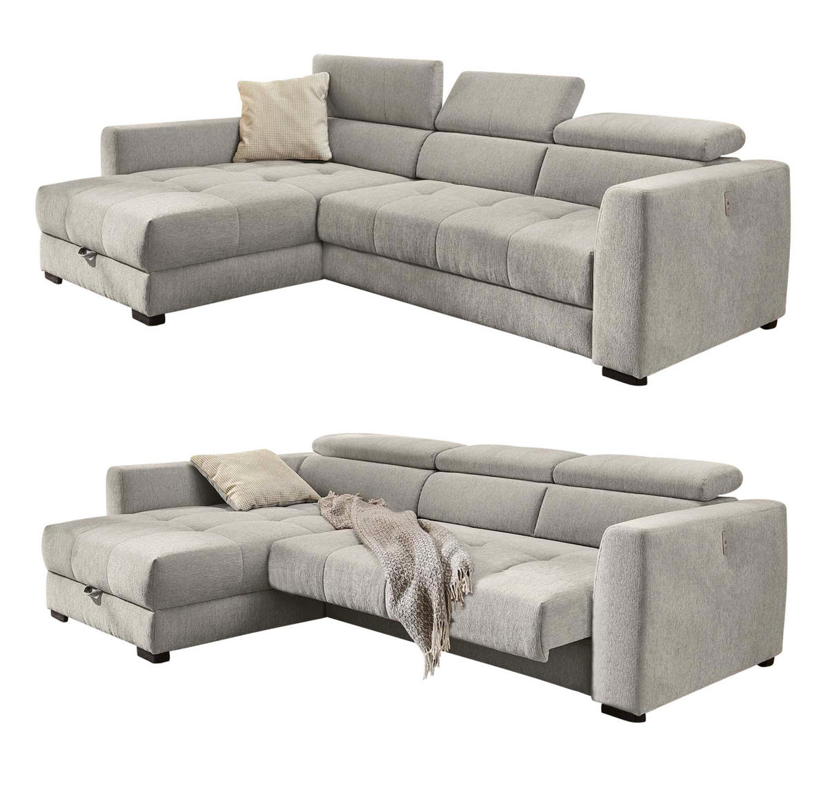 ECKSOFA mit elektrischer Sitztiefenverstellung, Kopflehnen verstellbar, USB-Ladefunktion, Bettkasten B300/T196/H103 cm, Chenille Grau / 15408 - Schwarz/Grau, Kunststoff/Textil (300/196cm) - luma-home