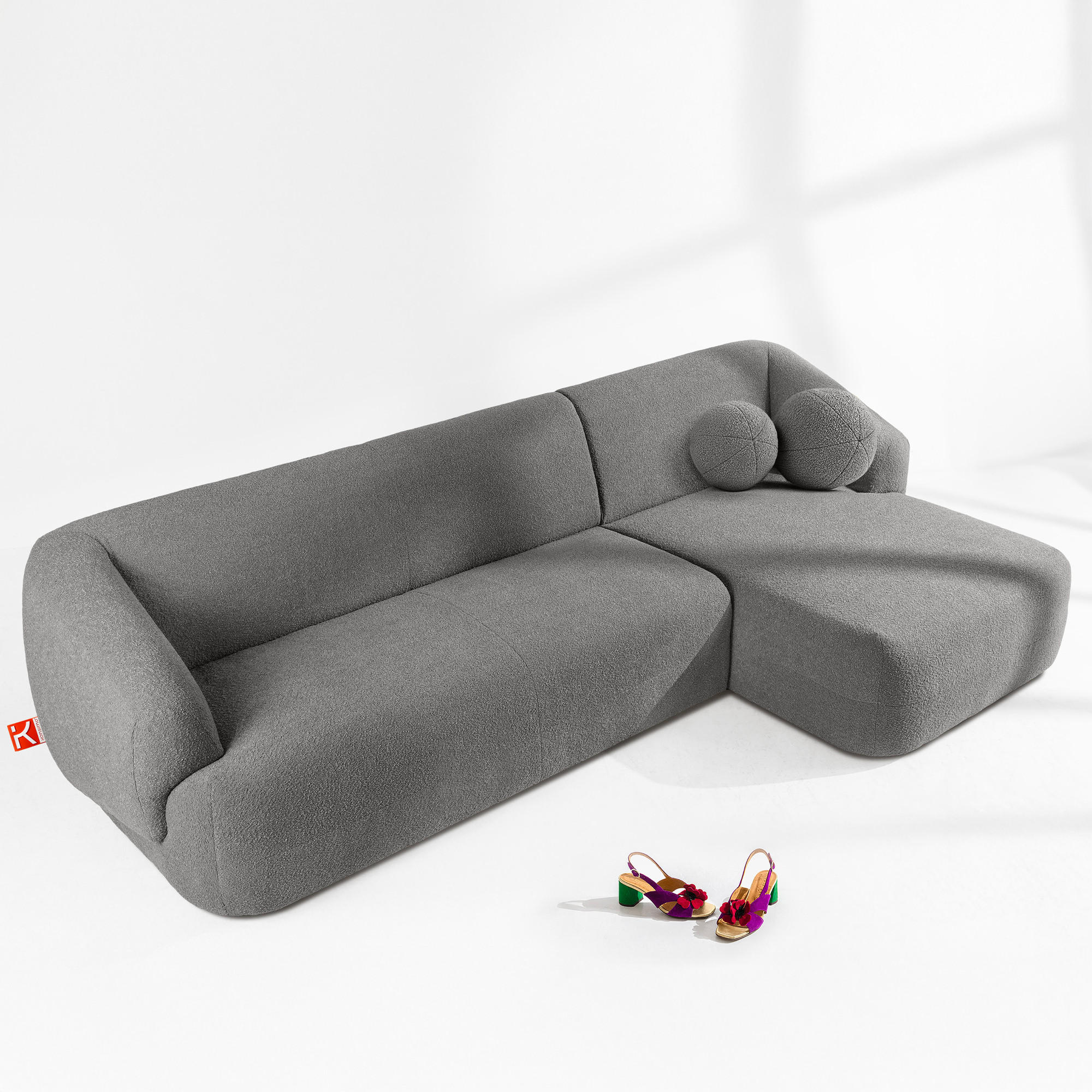 ECKSOFA RECHTS VIRA, Grau, Bouclé - Schwarz/Grau, Holz/Holzwerkstoff (300/160cm) - KONSIMO®