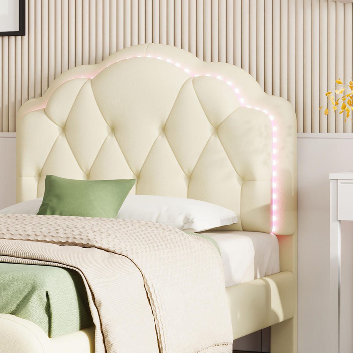 POLSTERBETT 90/200 cm Beige mit Wellenförmigem Kopfteil und LED-Beleuchtung - Beige, Kunststoff (90/200cm) - OKWISH