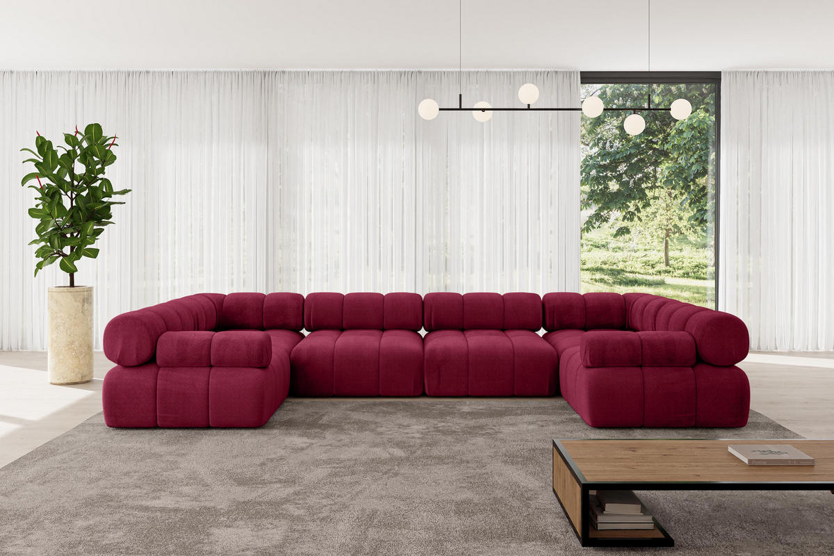 WOHNLANDSCHAFT modulares Sofa Birno-U2 - 380x190x70 cm Bordeauxrot Velours - Bordeaux, Holzwerkstoff/Textil (380/70/190cm) - ALTDECOR