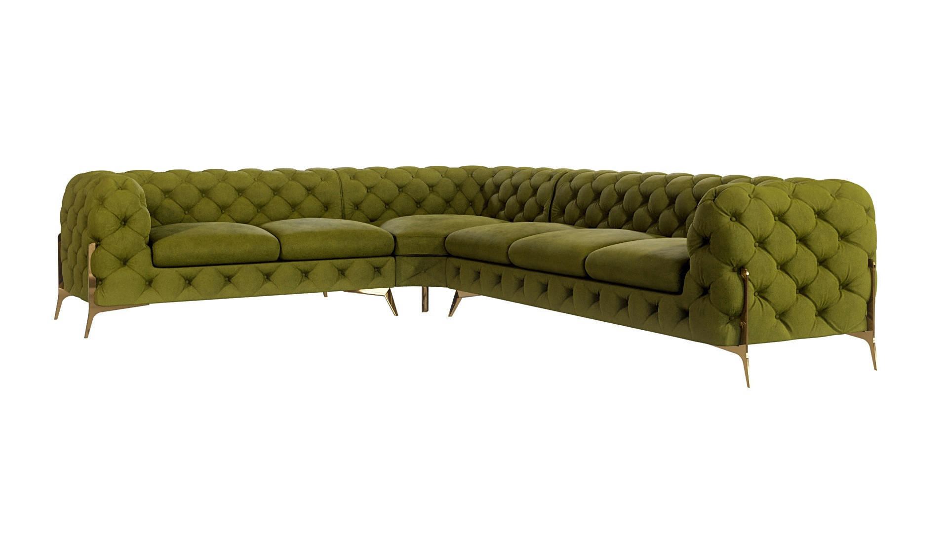 S-Style CHESTERFIELD ROHOVÁ SEDAČKA Lexi z olivového sametu se zlatými nohami - otoman vlevo