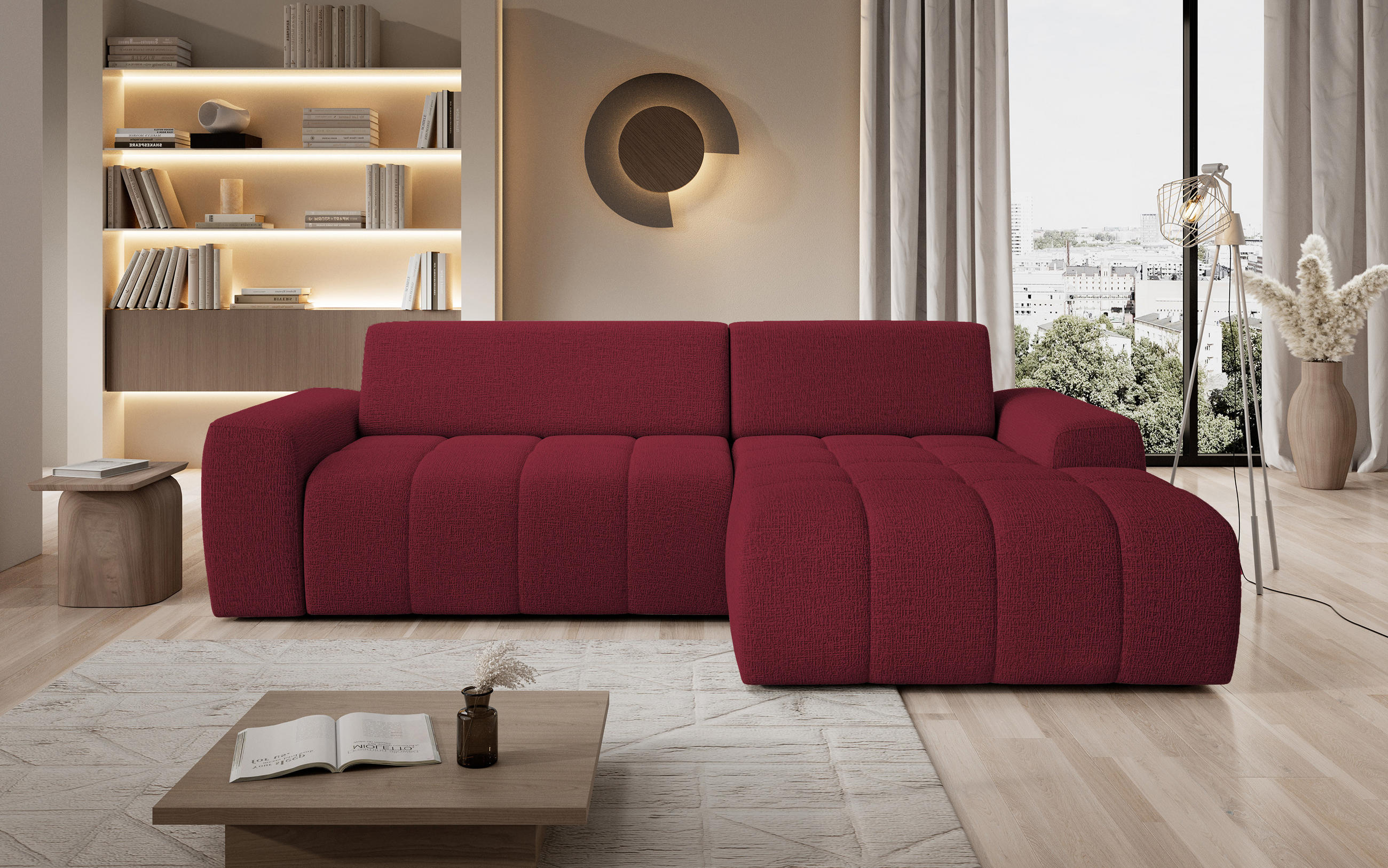 ECKSOFA Savio Freistehend, mit Abriebfestem Kansas-Stoff, Maße 265x172x81 cm, Ausziehbare Sitzfläche 206x92 cm, Rechte, – Kirsche - Bordeaux, Holz/Textil (265/172cm) - DomoHome