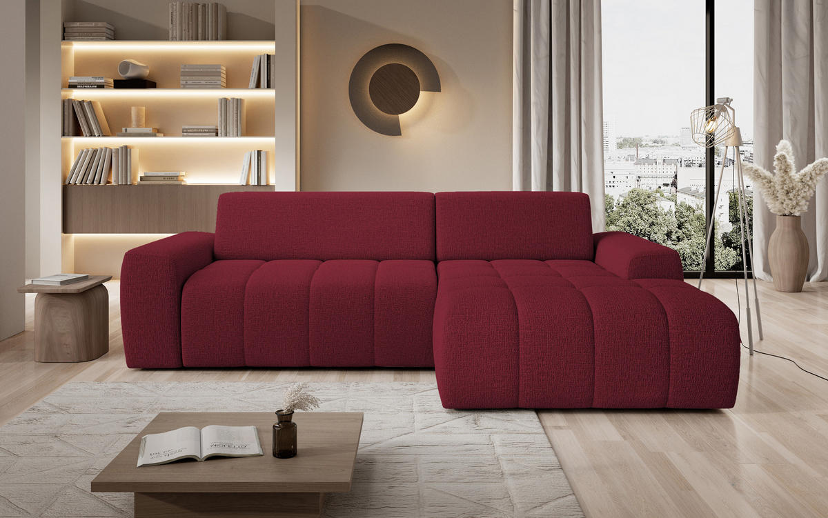 ECKSOFA Savio Freistehend, mit Abriebfestem Kansas-Stoff, Maße 265x172x81 cm, Ausziehbare Sitzfläche 206x92 cm, Rechte, – Kirsche - Bordeaux, Holz/Textil (265/172cm) - DomoHome
