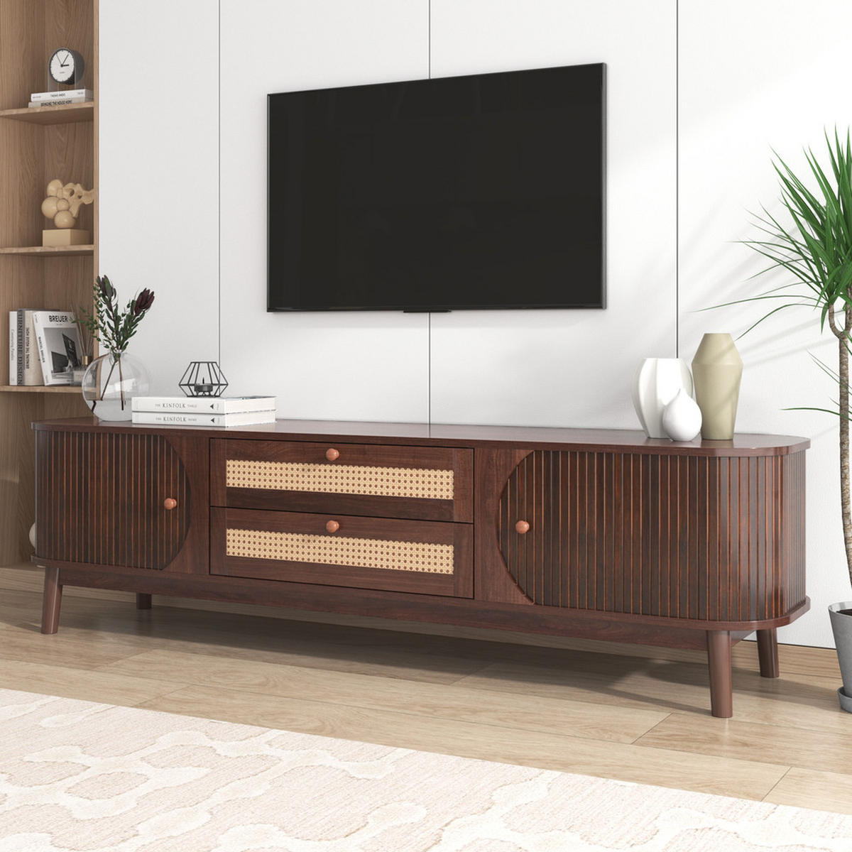 TV-SCHRANK Landhausstil mit Türen & Schubladen Rattanseiten Natur - Braun, Holz (39.5/46/170cm) - FLIEKS