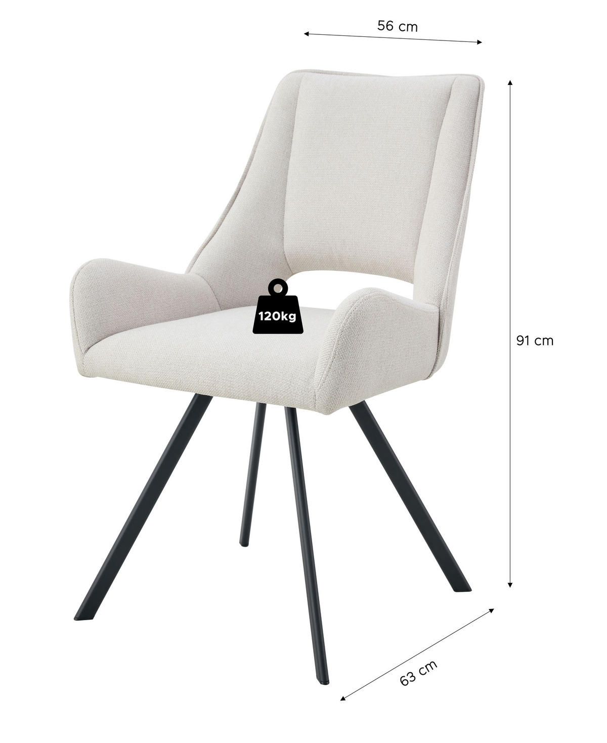 ARMLEHNENSTUHL Helen creme 2er Set - Creme/Schwarz, Textil/Metall (56/91/63cm) - Xonox