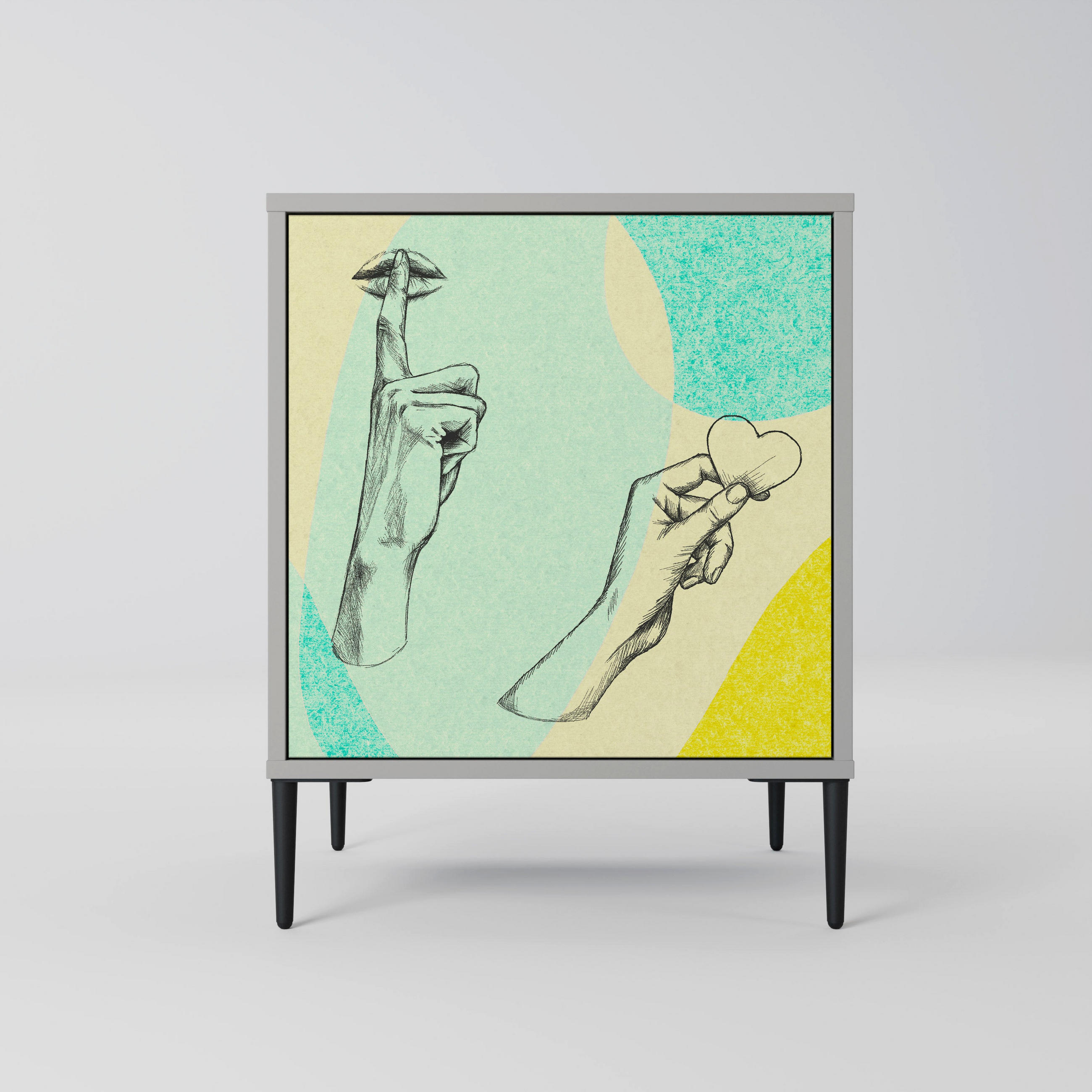 SIDEBOARD BODY LANGUAGE, Grau, 57,5x42x72,5 cm, Schwarze Metallfüße - Multicolor/Schwarz, Holzwerkstoff/Metall (57.5/72.5/42cm) - SpaceRebels