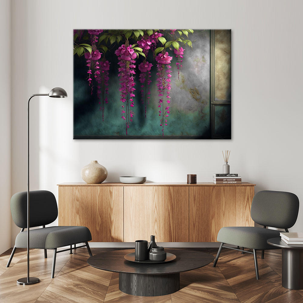 LEINWANDBILD Hängende rosa Blumen Beton 100x70cm - Grün, Textil (100/70cm) - Feeby