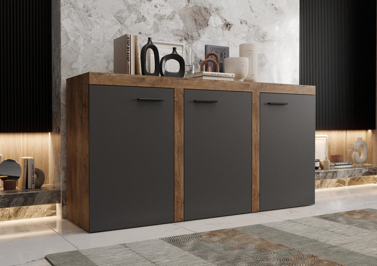 KOMMODE London LRXK mit 3 Türen, Sideboard in Farbe: Dunkelgrau|Braun, Größe: 149 x 82 x 40 cm - Dunkelgrau/Braun, Holzwerkstoff (149/82/40cm) - O-Sofa